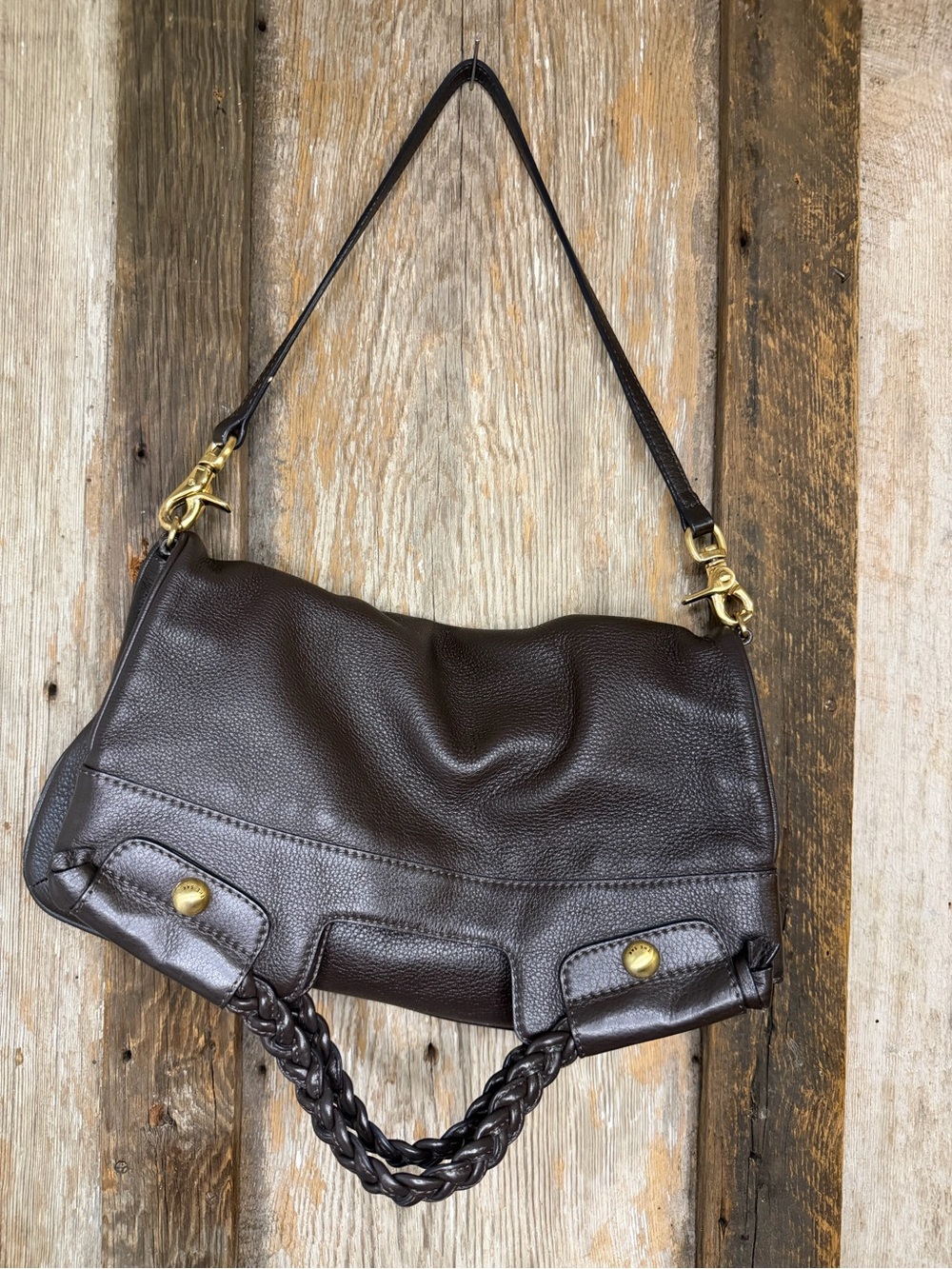 The Sak Brown Pebbled Leather Gold Hardware Braided Handle Foldover Shoulder Bag
